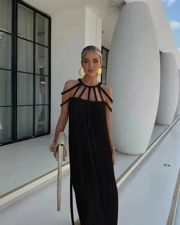 2025 Summer Party Vacation Vestidos Sexy Off Shoulder Sleeveless Maxi Dresses Khaki Hollow Out Lace up Backless Women Long Dress