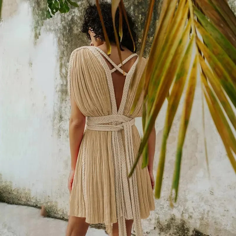 2025 Summer Party Vacation Vestidos Sexy Off Shoulder Sleeveless Maxi Dresses Khaki Hollow Out Lace up Backless Women Long Dress