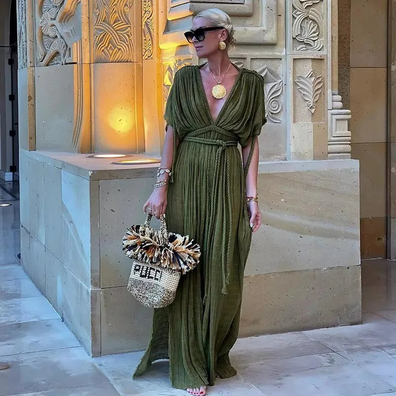 2025 Summer Party Vacation Vestidos Sexy Off Shoulder Sleeveless Maxi Dresses Khaki Hollow Out Lace up Backless Women Long Dress