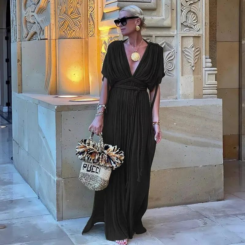 2025 Summer Party Vacation Vestidos Sexy Off Shoulder Sleeveless Maxi Dresses Khaki Hollow Out Lace up Backless Women Long Dress