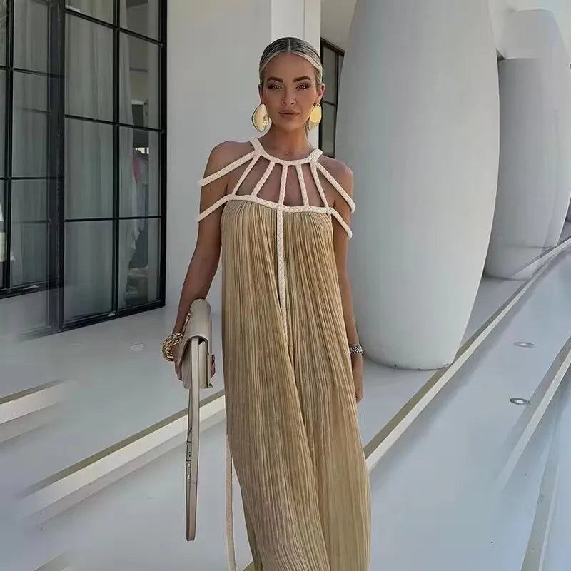 2025 Summer Party Vacation Vestidos Sexy Off Shoulder Sleeveless Maxi Dresses Khaki Hollow Out Lace up Backless Women Long Dress