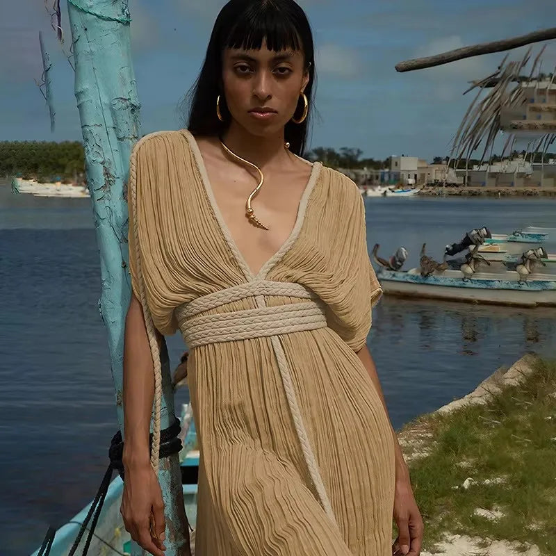 2025 Summer Party Vacation Vestidos Sexy Off Shoulder Sleeveless Maxi Dresses Khaki Hollow Out Lace up Backless Women Long Dress