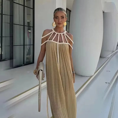 2025 Summer Party Vacation Vestidos Sexy Off Shoulder Sleeveless Maxi Dresses Khaki Hollow Out Lace up Backless Women Long Dress