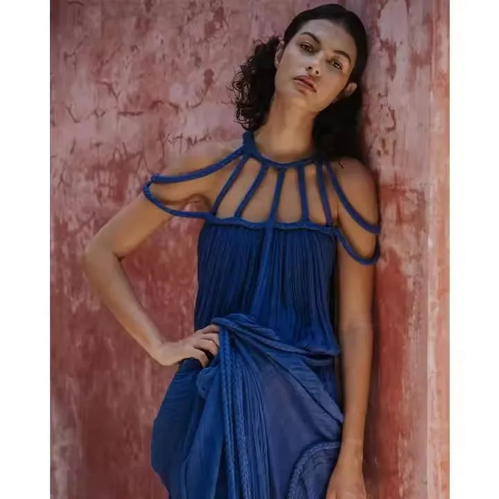 2025 Summer Party Vacation Vestidos Sexy Off Shoulder Sleeveless Maxi Dresses Khaki Hollow Out Lace up Backless Women Long Dress
