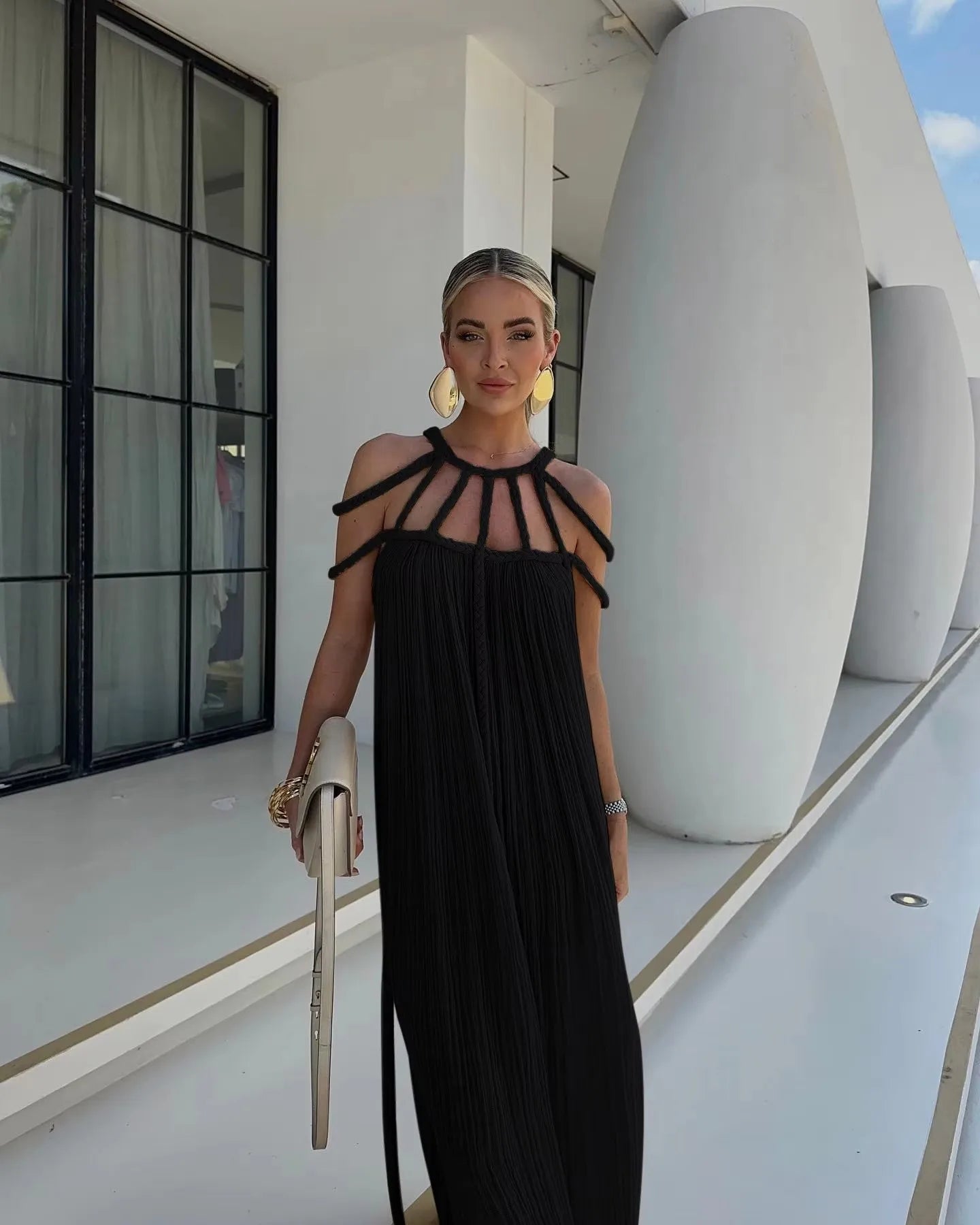 2025 Summer Party Vacation Vestidos Sexy Off Shoulder Sleeveless Maxi Dresses Khaki Hollow Out Lace up Backless Women Long Dress