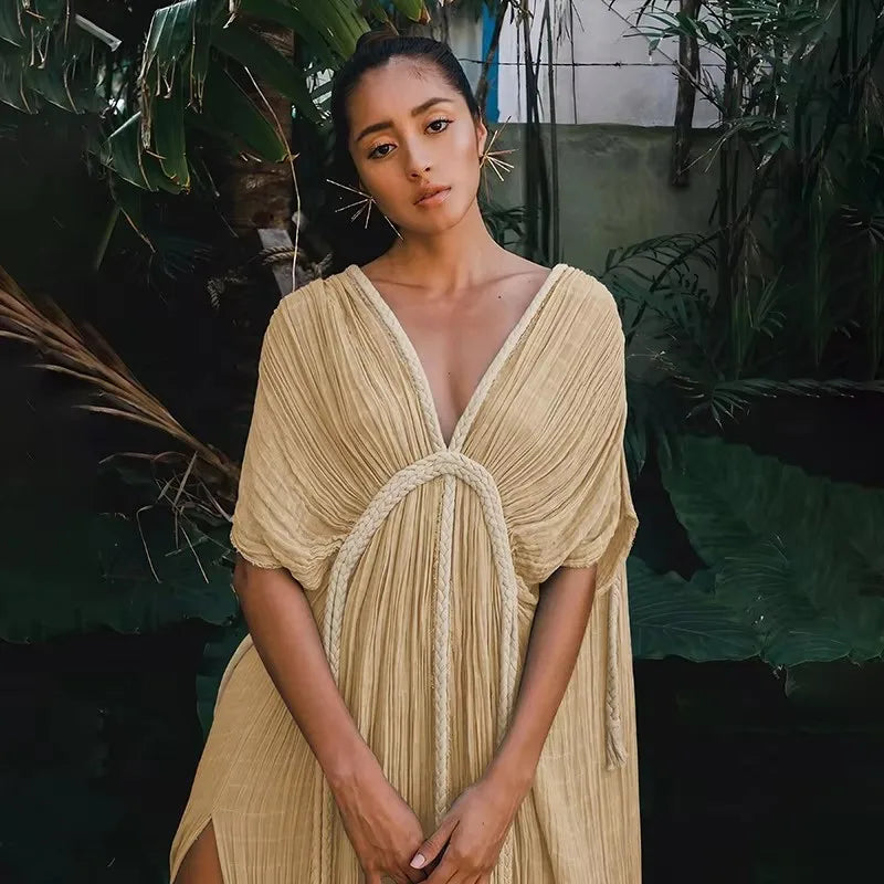 2025 Summer Party Vacation Vestidos Sexy Off Shoulder Sleeveless Maxi Dresses Khaki Hollow Out Lace up Backless Women Long Dress
