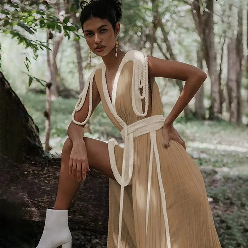 2025 Summer Party Vacation Vestidos Sexy Off Shoulder Sleeveless Maxi Dresses Khaki Hollow Out Lace up Backless Women Long Dress