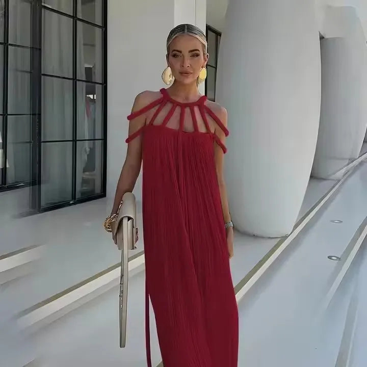 2025 Summer Party Vacation Vestidos Sexy Off Shoulder Sleeveless Maxi Dresses Khaki Hollow Out Lace up Backless Women Long Dress