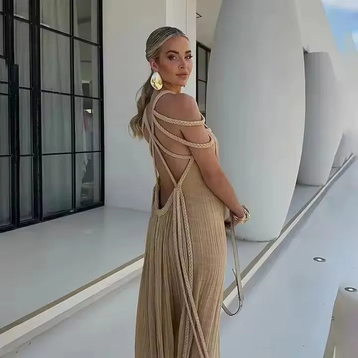 2025 Summer Party Vacation Vestidos Sexy Off Shoulder Sleeveless Maxi Dresses Khaki Hollow Out Lace up Backless Women Long Dress