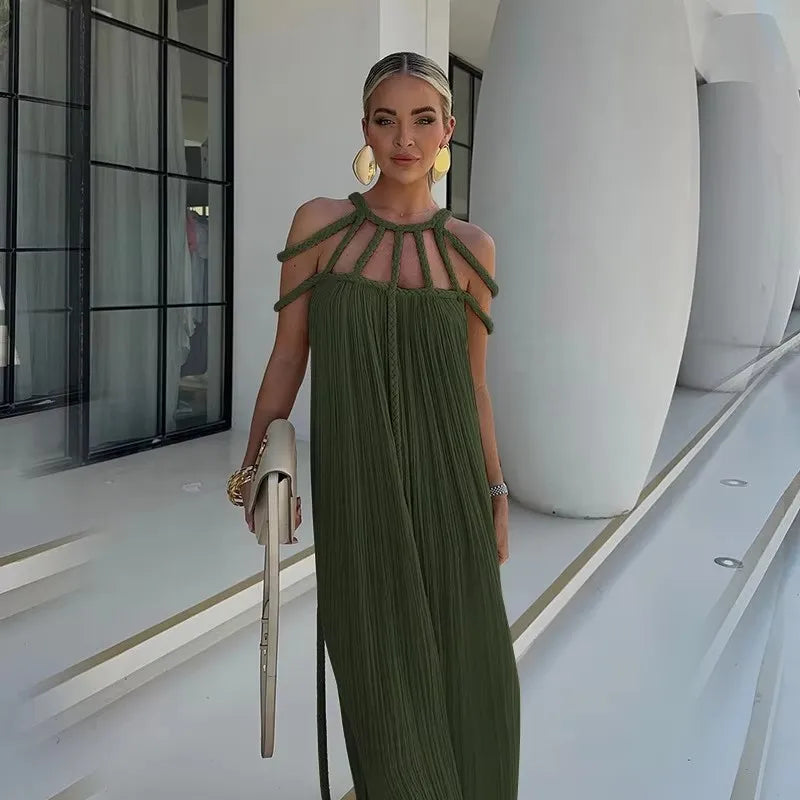 2025 Summer Party Vacation Vestidos Sexy Off Shoulder Sleeveless Maxi Dresses Khaki Hollow Out Lace up Backless Women Long Dress